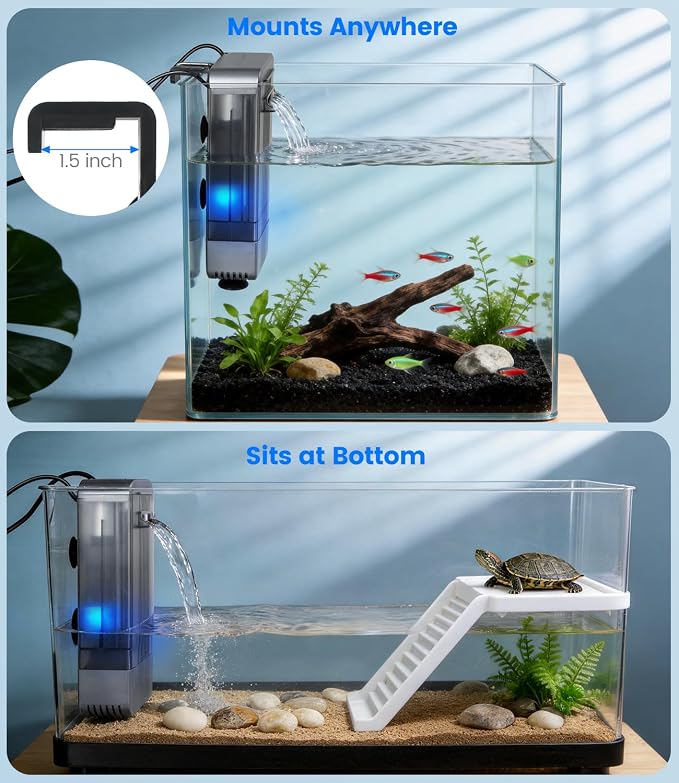 Aquarium Filter with U-V Light, Internal Fish Tank Filter for Up to 10 Gallon, Turtle Tank Filter Bio-Filtration, Ultra-Silent, and Green Water Clean