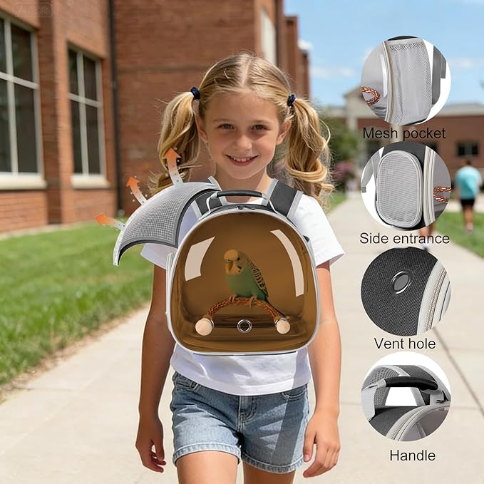 Bird Travel Backpack Carrier with Metal Tray and Standing Perch, Polarized Tint Brown Space Capsule Astronaut Bubble Hard Window