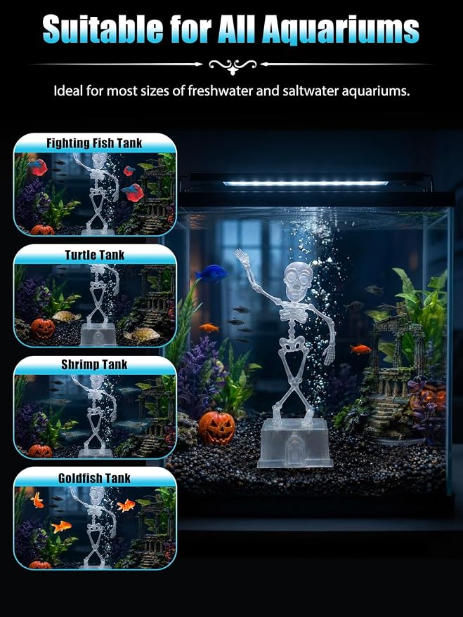 Dancing Skeleton Aquarium Bubbler, Halloween Fish Tank Decor(Clear) | Adjustable airflow with 1m hose & valve. Safe resin, for freshwater/saltwater tanks. Air pump not included.