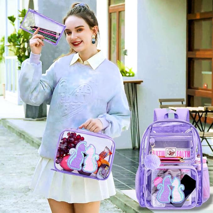 Clear Backpack for Girls and Boys, Kids Transparent Bookbag, 3PCS Cute See Through School Bag for Elementary Prechool