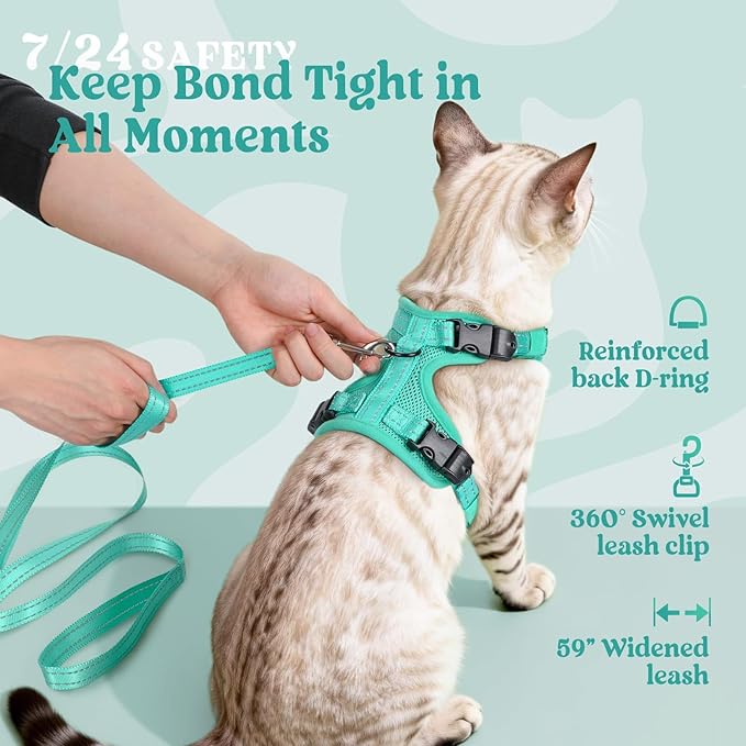 rabbitgoo Cat Harness and Leash, Escape Proof Vest with 3 Adjustable Buckles, Soft Comfortable Kitten Harness, Easy to Wear, Reflective for Safe Outdoor Walking, Small, Green