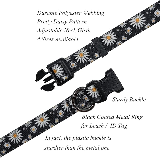 Dog Collar Leash Set, Floral Pattern, Polyester Material, Adjustable Collar and 5ft Matching Leash, for Small Dogs.(S, Black Daisy)