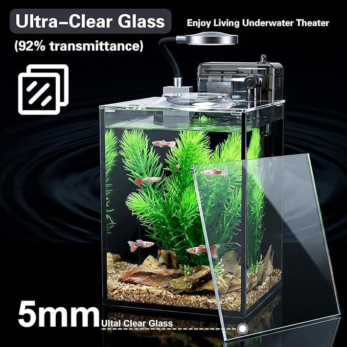 1.2 Gallon Small Aquarium Set Glass Fish Tank,Desktop Small Aquarium Kit for Beginners and Children to Keep Betta Fish, Goldfish, Shrimp, and Aquatic Plants (Black, 1.2 Gallon (Complete Kit))
