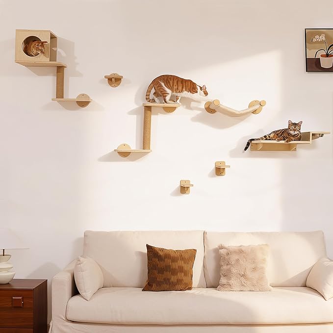 FUKUMARU Cat Wall Shelves, 3 in 1 Cats Walls Furniture Set, Food Station with 2 Steps, Birch Plywood Perch, Suitable for Kitten Play, Nap, Eat, DIY Wall Jungle Gym