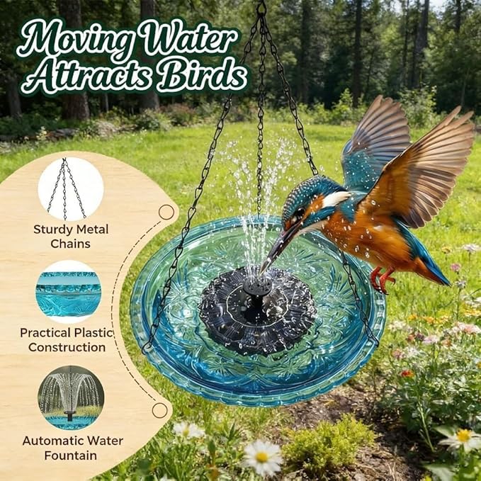 Hanging Solar Bird Bath Fountain with Water Pump, Plastic Basin, 4 Nozzles, Sturdy Metal Chains, Outdoor Garden Decor (Can Spray Water, Blue)