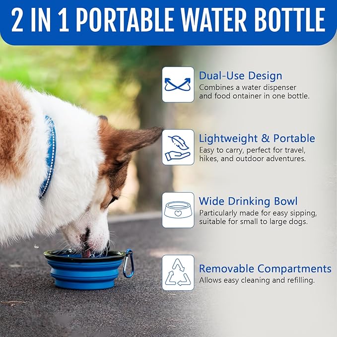 Dog Travel Water Bottle W/Collapsible Bowls - Portable 2 in 1 Leakproof Pet Water Bottle Food Container Ideal for Travel, Outdoor Portable Water Bowls for Walking, Camping & Hiking - (Blue)
