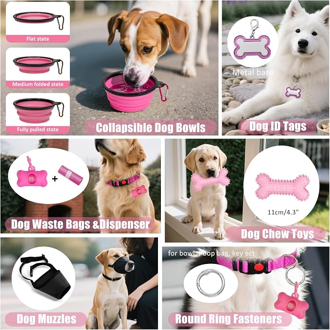 No Pull Dog Harness Adjustable Collar & Leash Set - Dog Halter Harnesses Collapsible Bowls & Poop Bag Dispenser Muzzle ID Tags Toys Fits Small Medium Large Dogs (Pink-L)