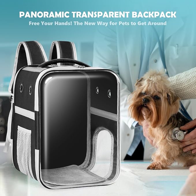 Clear Cat Backpack Carrier Dog and Cats Backpack Bubble, Space Capsule Cat Bag Carrier, Breathable and Suitable Panorama Pet Backpacks for Biking/Traveling/Camping/Walking (Black)