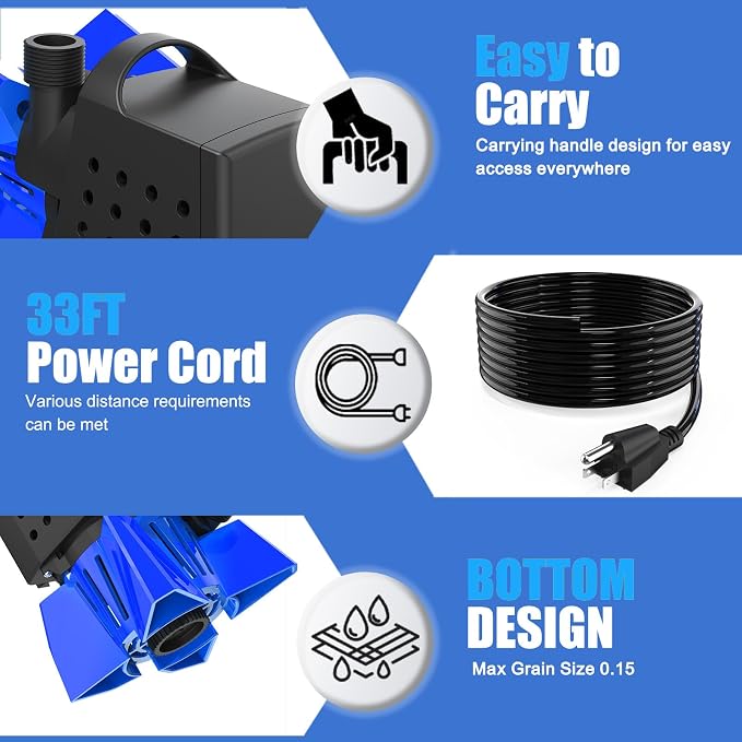 AgiiMan 850GPH Pool Cover Pump, Submersible Sump Pump above Ground | Drain Hose, 25FT Power Cord, 3 Adapters, Fast Water Removal for Pool Covers, Ponds, Basements and Flooded Areas