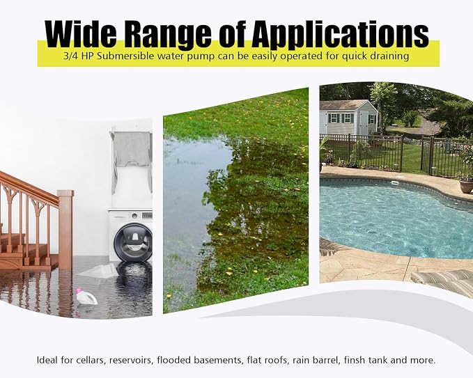 3/4HP Submersible Water Pump 3000GPH Stainless Steel Sump Pump with Adjustable Float Switch for Draining Water from Pool Hot Tub Flooded House Rain Barrel Pit Crawl Space