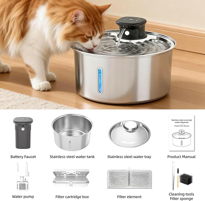 Wireless Cat Water Fountain,Cat Water Fountain Stainless Steel 3.2L/108oz Large Capacity Battery Operated Pet Water Fountain Indoor with Motion Sensor for Cats Dogs BPA-Free