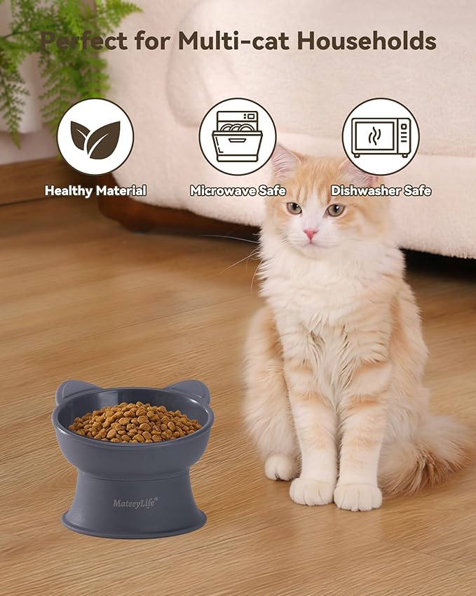 MateeyLife Raised Cat Bowls, Cat Food Bowl Elevated for Kittens & Small Dogs, 15°Tilted Protect Pets' Neck and Anti Vomiting, Whisker Friendly Food & Water Feeding Bowl, 6 oz Each - Gray