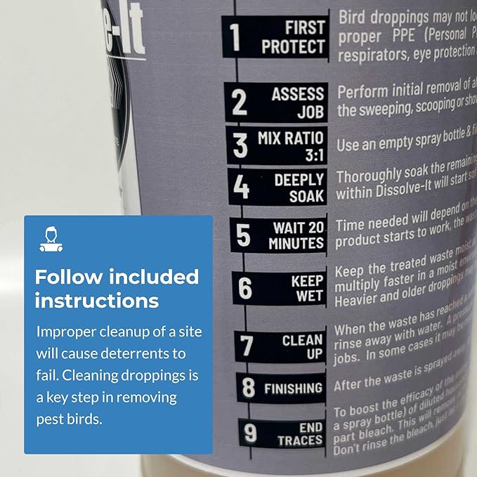 Bird Barrier Dissolve-It Max Enzyme Cleaner - Bird Dropping Cleaner - Dissolves Waste – Treat Affected Areas Before Installing Bird Control Products - Cleans pet stains - 1 Pint Makes 1/2 Gallon