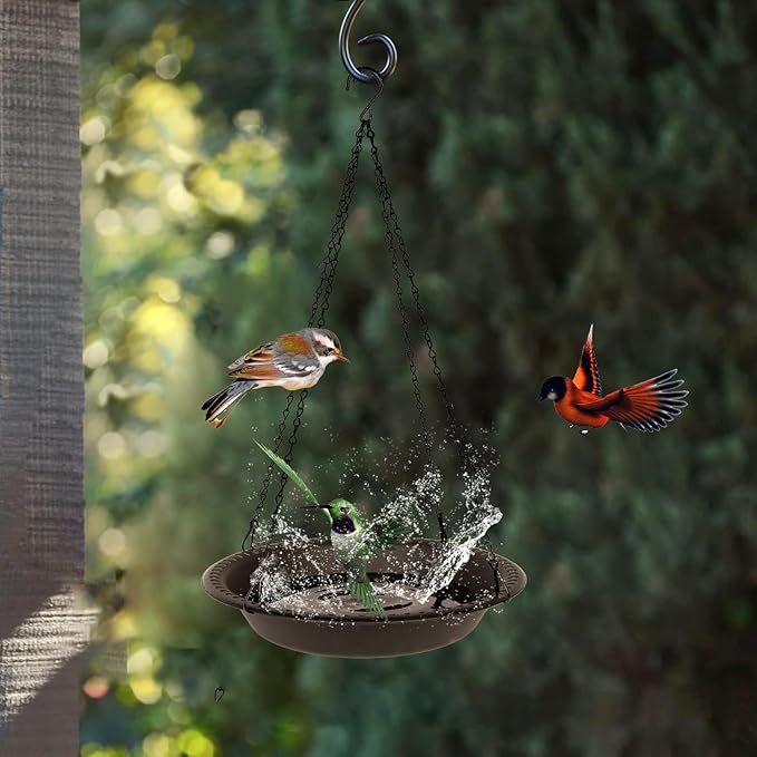 OVZILKI 14 inch BirdBath Bowl Only with 25” Rust-Proof Black Chains, Bird Baths for Outdoors Heavy Duty, Hanging Bird Bath Hanging Bird-Feeder for Garden Backyard Decor (Brown 1 Pack)