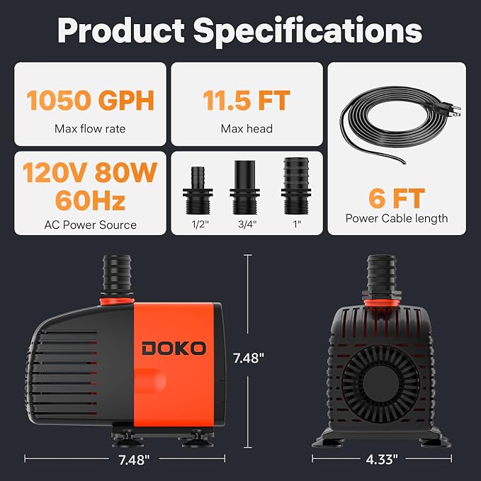 Doko Submersible Water Pump,1050GPH Aquarium Water Pump with Extended Mesh Cover and Sponge,Ultra Quiet Pond Pump with 6Ft Power Cord for Fountains,Fish Tanks,Hydroponics,and Waterfalls