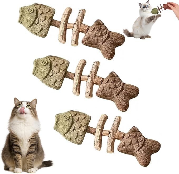 3PCS Creative Fish Bone Cat Toy, Cat Teeth Cleaning Toy, Wooden Catnip Teeth Cleaning Stick, Caring for Your Cat's Teeth and Maintaining Oral Health (3-Piece Set - Mixed Flavors)