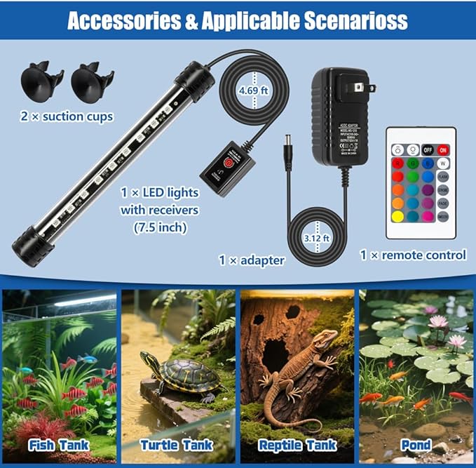 LED Aquarium Light with IP68 Waterproof and Memory Function Submersible Fish Tank Light with Remote and 16 Colors 7.5 Inches Brightness Adjustable Underwater Light Bar for Fish Tank Aquarium