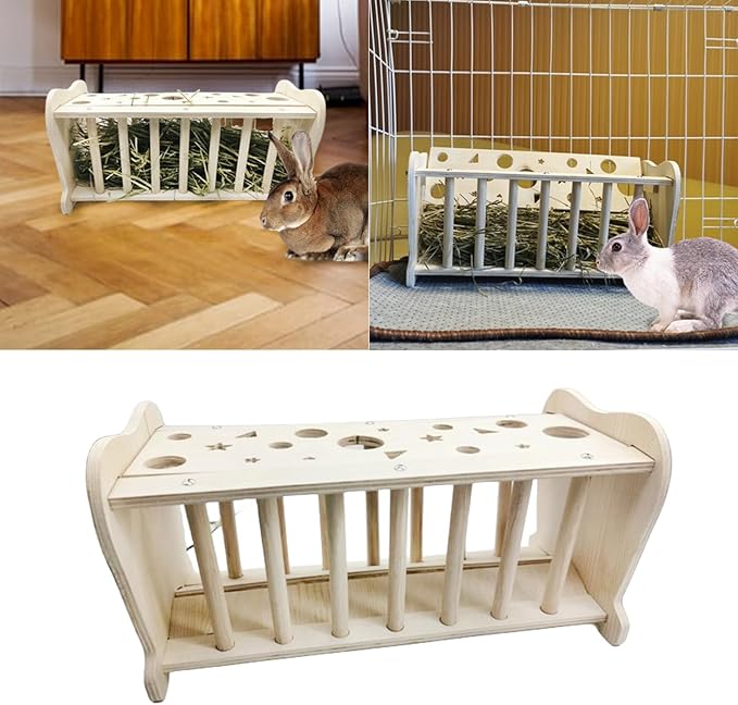 Hamiledyi Rabbit Wooden Hay Feeder Natural Wooden Guinea Pigs Hay Rack Large Capacity Rabbits Hay Holder Food Dispenser for Bunny Chinchilla