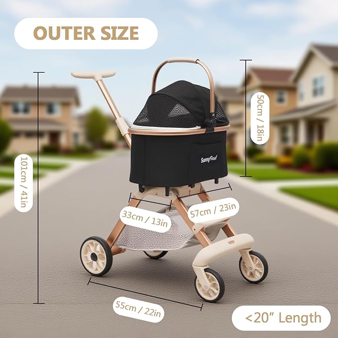 SUNNYFEEL Pet Stroller for Small Dogs and Cats, Aluminum Two-in-one Split, One-Click Foldable Dog Stroller, Holds up to 40 lbs, Storage Basket & Side Bag, Breathable Mesh, Black