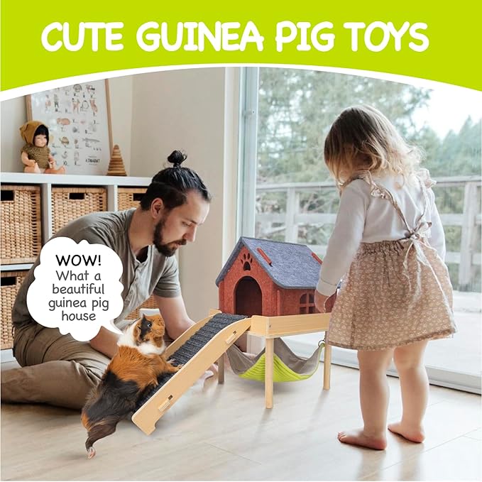 BESNEW 3 in 1 Enlarged Guinea Pig Hammock,Wooden Guinea Pig Hideout with House & Platform & Stairs Small Animal Toys for Hiding Sleeping Activities