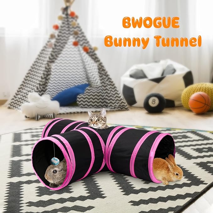 BWOGUE Bunny Tunnels & Tubes Collapsible 3 Way Bunnys Hideout Small Animal Activity Tunnel Toys for Dwarf Rabbits Guinea Pigs Kitty