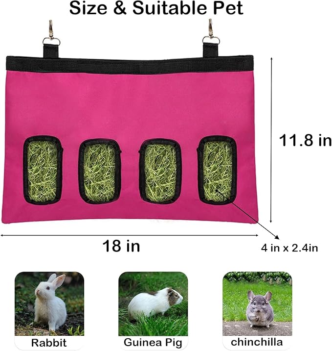 Rabbit Hay Feeder Bag, Large Capacity Rabbit Hay Bag Small Animal Hanging Hay Bag 600D Oxford Cloth Bunny Hay Feeder Bag for Rabbits Guinea Pigs Chinchillas (Rosered-4 Holes-1Pcs)