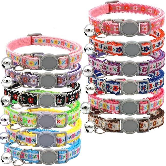 Black Cat Collar Breakaway with Bell, Break Away Kitten Collar with Bells, Cute Flower Tiny Dog Collar for XXS Xs Little Pet Dogs, Neck 7.5-12inch