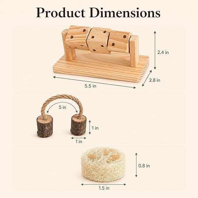 4 in 1 Hamster Chew Toy Set, Wooden Foraging Toy with Rotating Cubes, Apple Wood Chew and 2 Loofah Chews for Hamsters, Gerbils, Mice, Small Animals