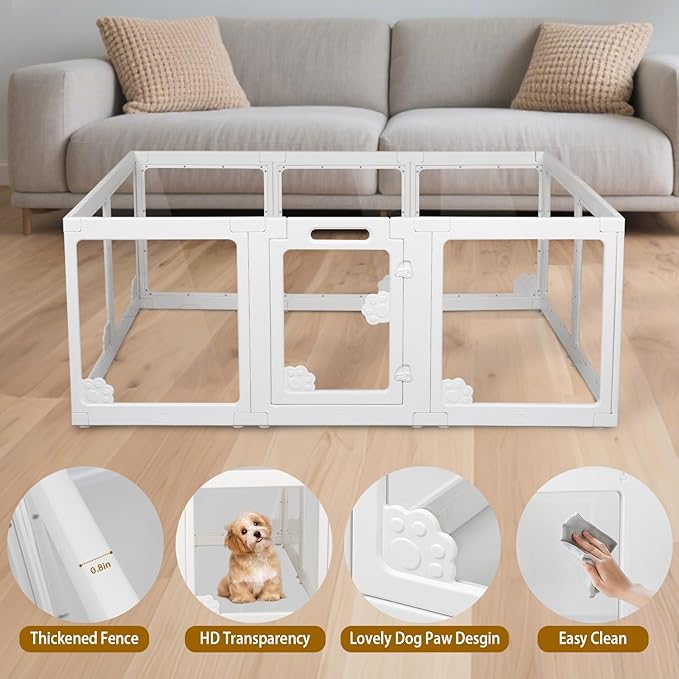 Clear Acrylic Dog Playpen Indoor with Door - Easy to Assemble Foldable Pet Playpen for Small Dogs, Cats, Rabbits, Ferrets - Small Animal Whelping Crate Kennel Fence