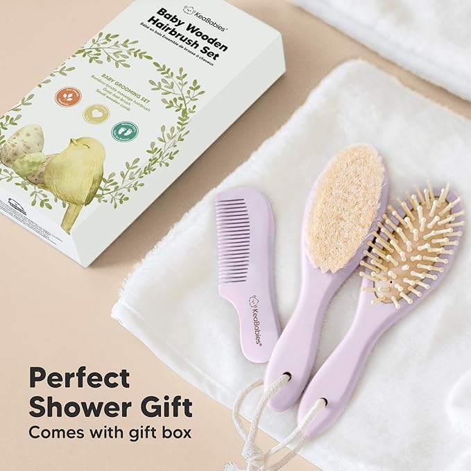 Baby Hair Brush Set for Newborns - Soft Goat Bristle Wooden Baby Brush and Comb Set Newborn Grooming Kit for Cradle Cap, Durable & Gentle, Boy, Girl Infant Essentials Care Kit (Regular, Thistle)