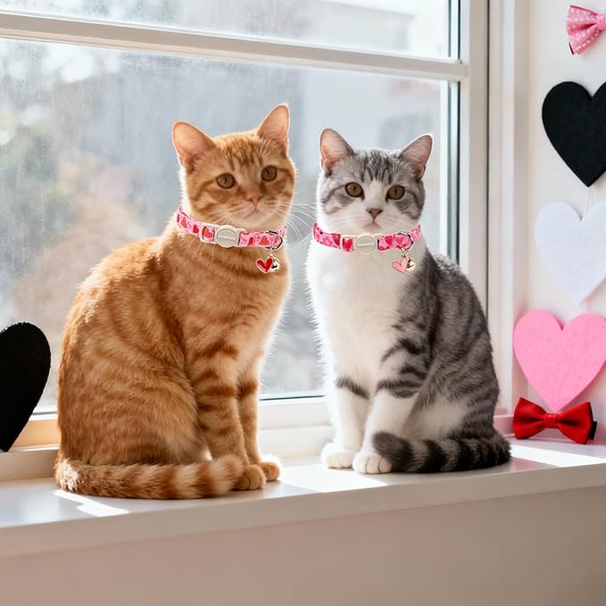 2 Pack Cat Collars Breakaway with Bell, DOGWONG Safety Buckle Valentine's Day Cat Collar Pink Heart for Girl Boy Cats and Small Dogs,Adjustable 7-12 Inch,Pet Supplies Accessories