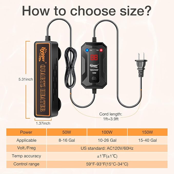 hygger Smart Mini Aquarium Heater 50W for 8-16 Gallons, Desktop Betta Submersible Fish Tank Heater with Intelligent Temperature Control and 5 Safety Protections