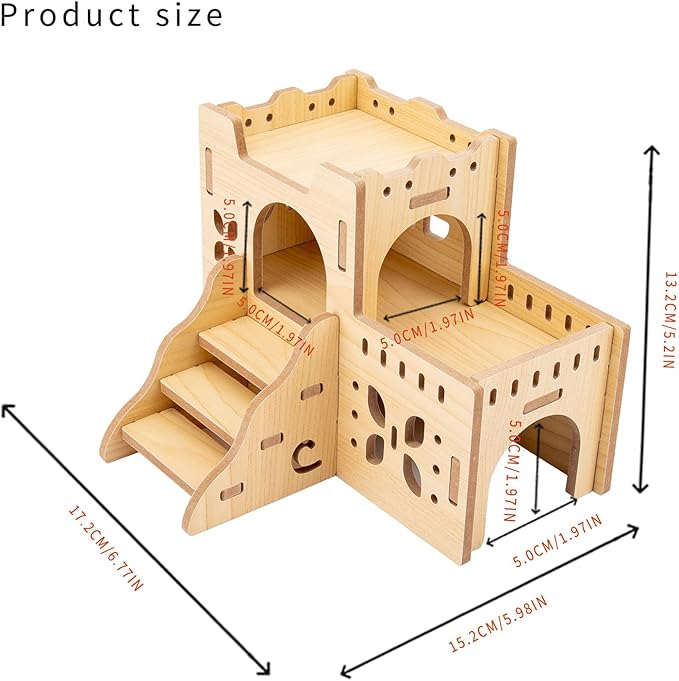 Natural Wood Hamster Habitat Hideout Cage Accessories, Maze Cabin with Fun Slide & Double-Decker House, Exercise Toys for Dwarf Hamsters, Gerbils, Mice, Other Small Animals(Only for Small Hamster A)