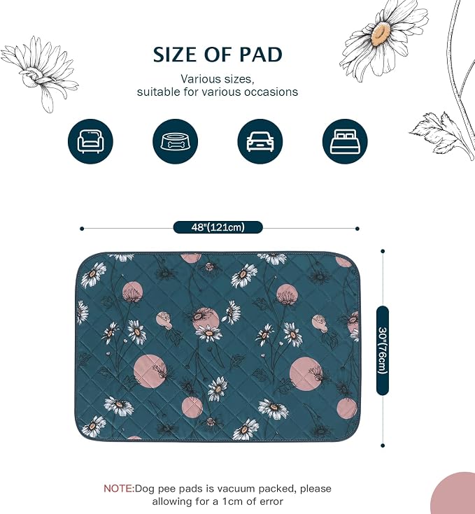 IEUUMLER Washable Pee Pads for Dogs, 2 Pack Non-Slip & Waterproof Pack Whelping Pad, Reusable Washable Puppy Potty Training Pad with Fast Absorbent for Playpen EU007 (Navy Blue Daisy, 48"X30"-2pcs)