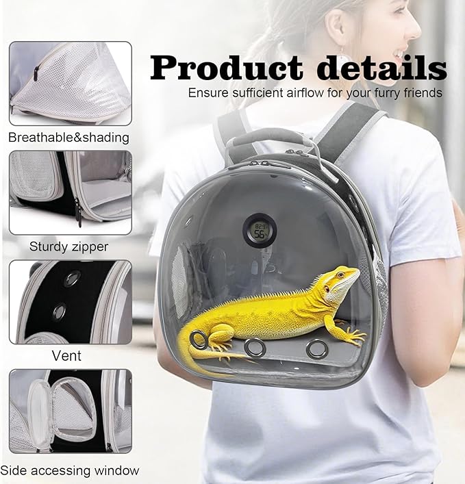 Back Extention Bearded Dragon Travel Backpack Carrier with Reptile Thermometer and Humidity Gauge Lizard Travel Cage Space Capsule Clear Bubble Window Astronaut Reptile Carrier Bag for Ball Python