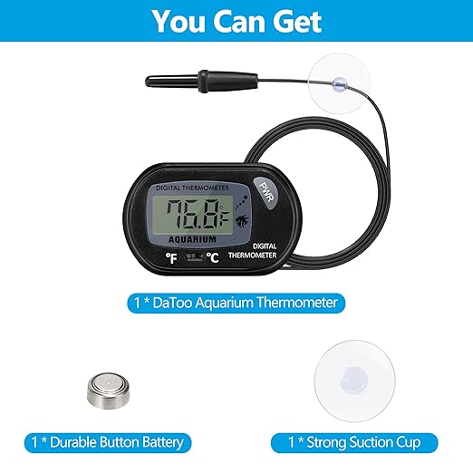 DaToo Aquarium Thermometer with Large LCD Display Fahrenheit/Celsius(℉/℃) Fish Tank Thermometer for Aquarium Reptile Terrarium Digital Water Thermometer with Suction Cup