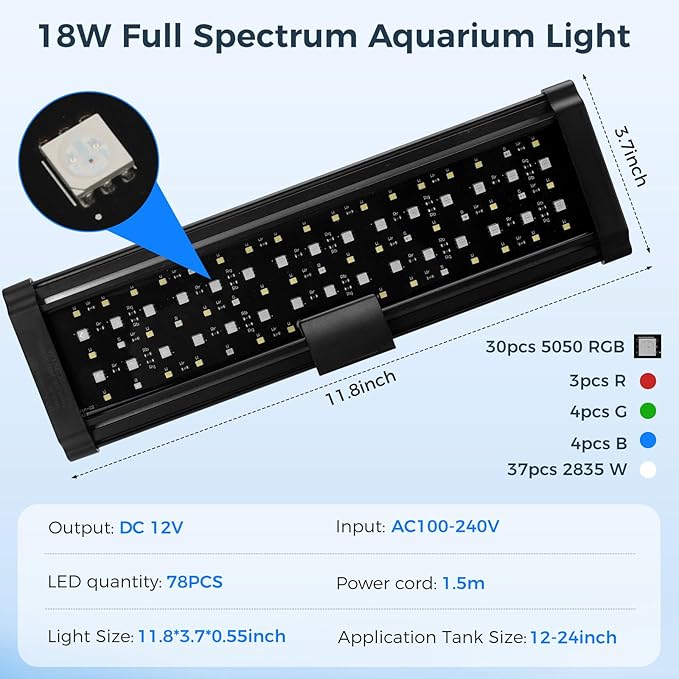 Aquarium Fish Tank LED Light - 18W Clip on Plants Lamp Light for 10 20 30 Gallon Frameless Fish Tank with Timer DIY Mode, 9 Colors Adjustable Brightness, 24/7 Full Spectrum