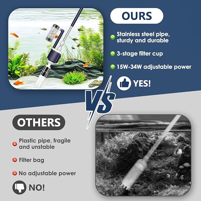 AQQA 600 GPH Electric Aquarium Gravel Cleaner 6-in-1 Fish Tank Vacuum | Cleaner & Water Changer with Stainless Steel Handle & 3-Stage Filter Cup for Turtle Tanks, Adjustable Flow 34W