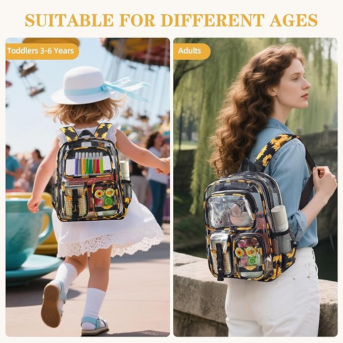Mini Clear Backpack for Stadium Approved 12x6x12, Small Transparent Backpacks Plastic See Through Clear Bag for Kids Girls Women for Sporting Event, Concerts, Work, Festival (Sunflower)