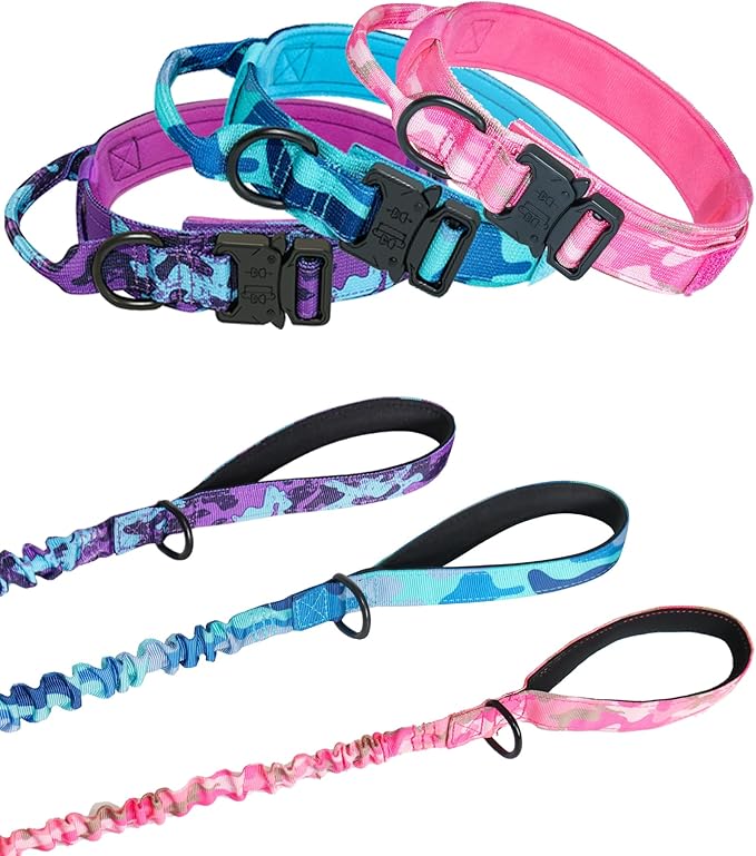 Hotsky Tactical Dog Collar and Leash Set, Heavy Duty Military Airtag Dog Collar with Handle and Metal Buckle for Training and Walking, with Airtag Holder and Two Patches (Purple Camo, XL)