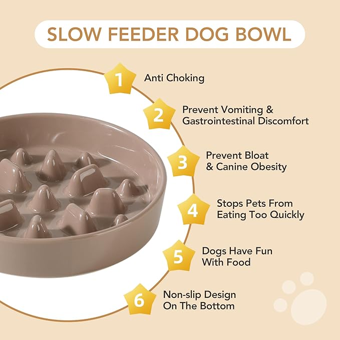 Havniva Ceramic 1.6 Cup Dog Bowl Slow Feeder, 8.2 inch Slow Pet Food Dish for Medium and Large Dog, Stop Bloat, Preventing Choking(Single Bowl, Brown Coffee)