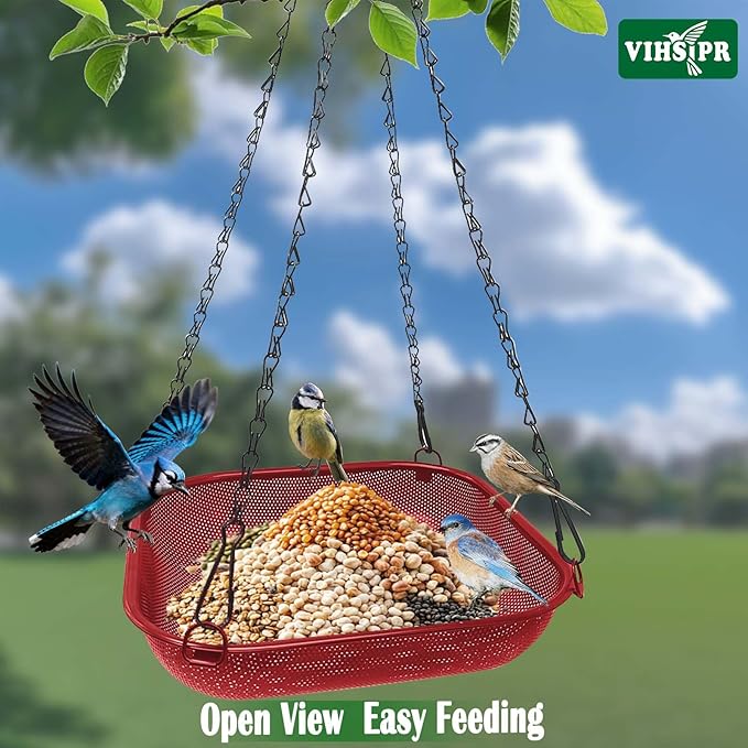 Hanging Bird Feeder for Outdoors – 11 in Square Metal Mesh Bird Feeder Tray Platform for Wild Birds, Red