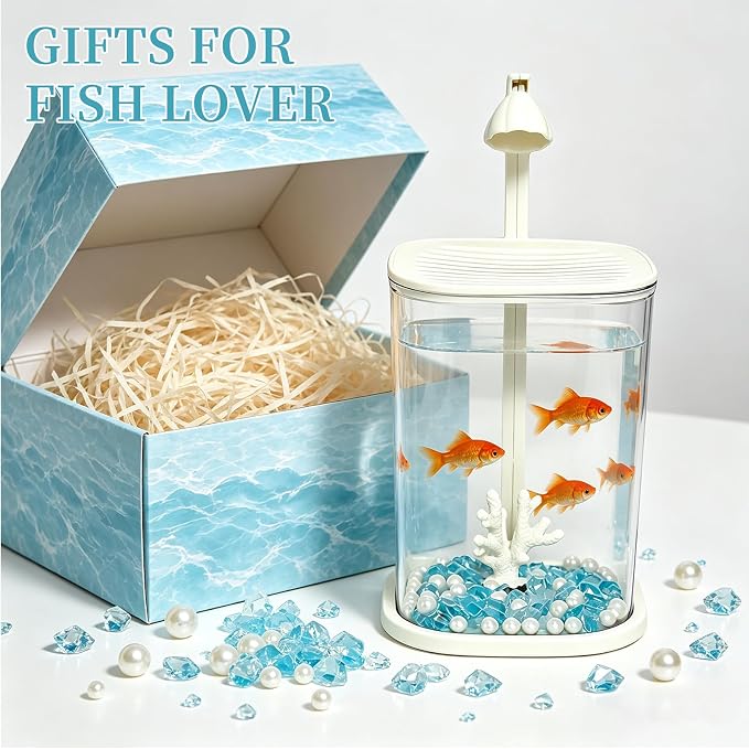 Desktop Small Fish Tank with LED Light for Betta Guppy Goldfish | Clear Acrylic Aquarium Kit with Artificial Coral, Pearls & Diamond Decor, Starter Kit Small Space Easy Setup Space-Saving