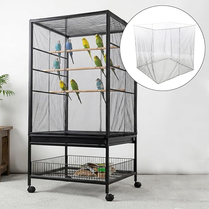 Trinkrittey Large Bird Cage Seed Cather, Black Bird Cage Cover Universal Nylon Birdcage Net Elastic Band Skirt Seed Guard for Parrot Parakeet Macaw(118 x 31.5in/300 x 80cm)
