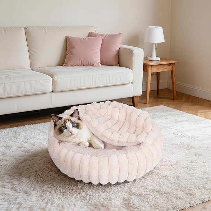Cat Beds for Indoor Cats, 2 in 1 Cat Cave Bed Kitten Bed for Small Pets, Small Dog Bed with Cover, Pet Bed for Puppy and Kitten with Anti-Slip Bottom-Beige Pink-24 inches