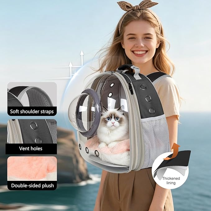 Front Extension Cat Backpack Carrier, Pet Travel Backpack for Kitten and Small Dogs, Clear Bubble Window Space Capsule Astronaut Liked Portable Vet Visit Book Bag Airline Approved