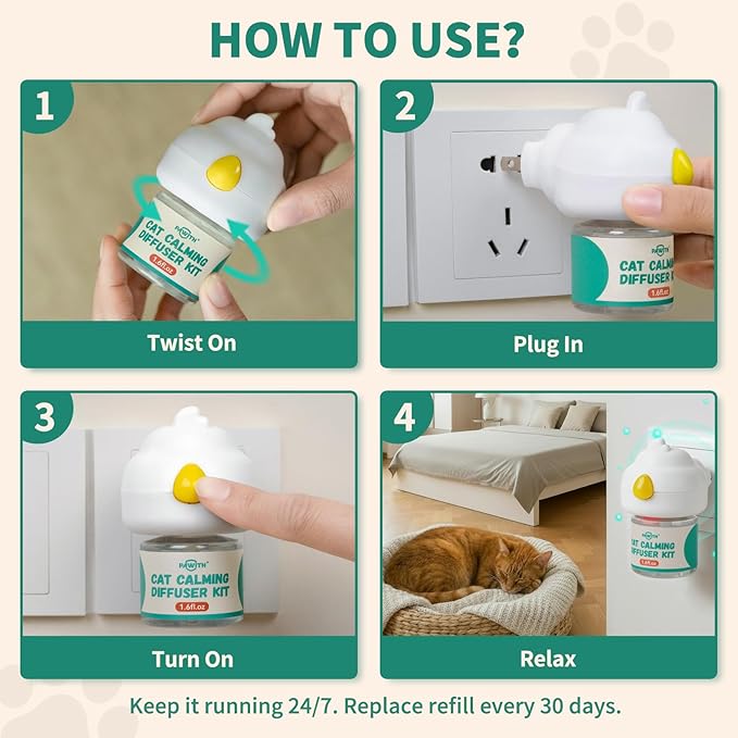 Cat Calming Diffuser with Pheromones – Cat Pheromone Diffuser for Cats, Helps Reduce Stress, Anxiety, Scratching & Urine Marking, Calming Diffuser for Cats with 2 Refills