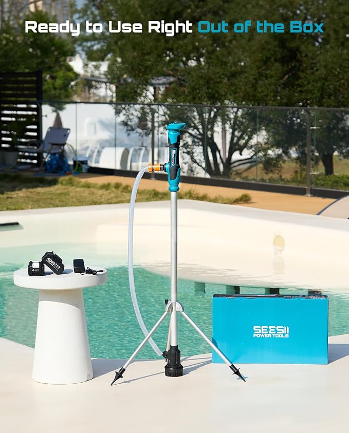 SEESII Cordless Stick Water Transfer Pump, with Tripod Stand Hands-Free | 720GPH & 32FT Lift, 2×4.0Ah Batteries, Portable Design, Fast Drain Pool, Rain Barrel, Basement, Boat Bilge & Irrigate Garden