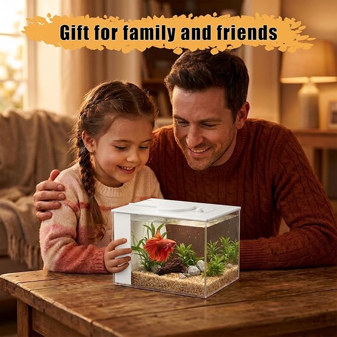 Vehipa 3.7L (1 Gal) Betta Fish Aquarium, Acrylic Small Fish Tank Kit White | Water Filter Pump & LED Light, Ideal for Small Fish, Plants and Shrimp
