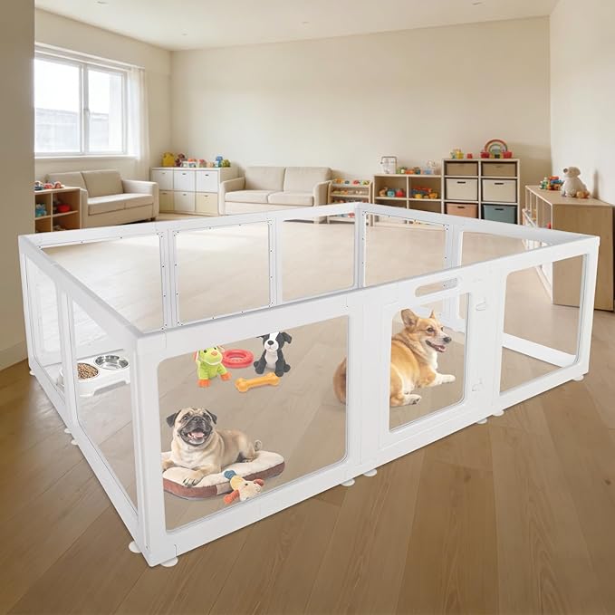 Clear Acrylic Plastic Dog Playpen with Door, 23.6"H Transparent DIY Puppy Cat Pet Play Pen, Modular Fence for Dog, Cat, Pig, Rabbit, Ferret, Easy Assemble Dog House Crate Kennel Whelping Cage